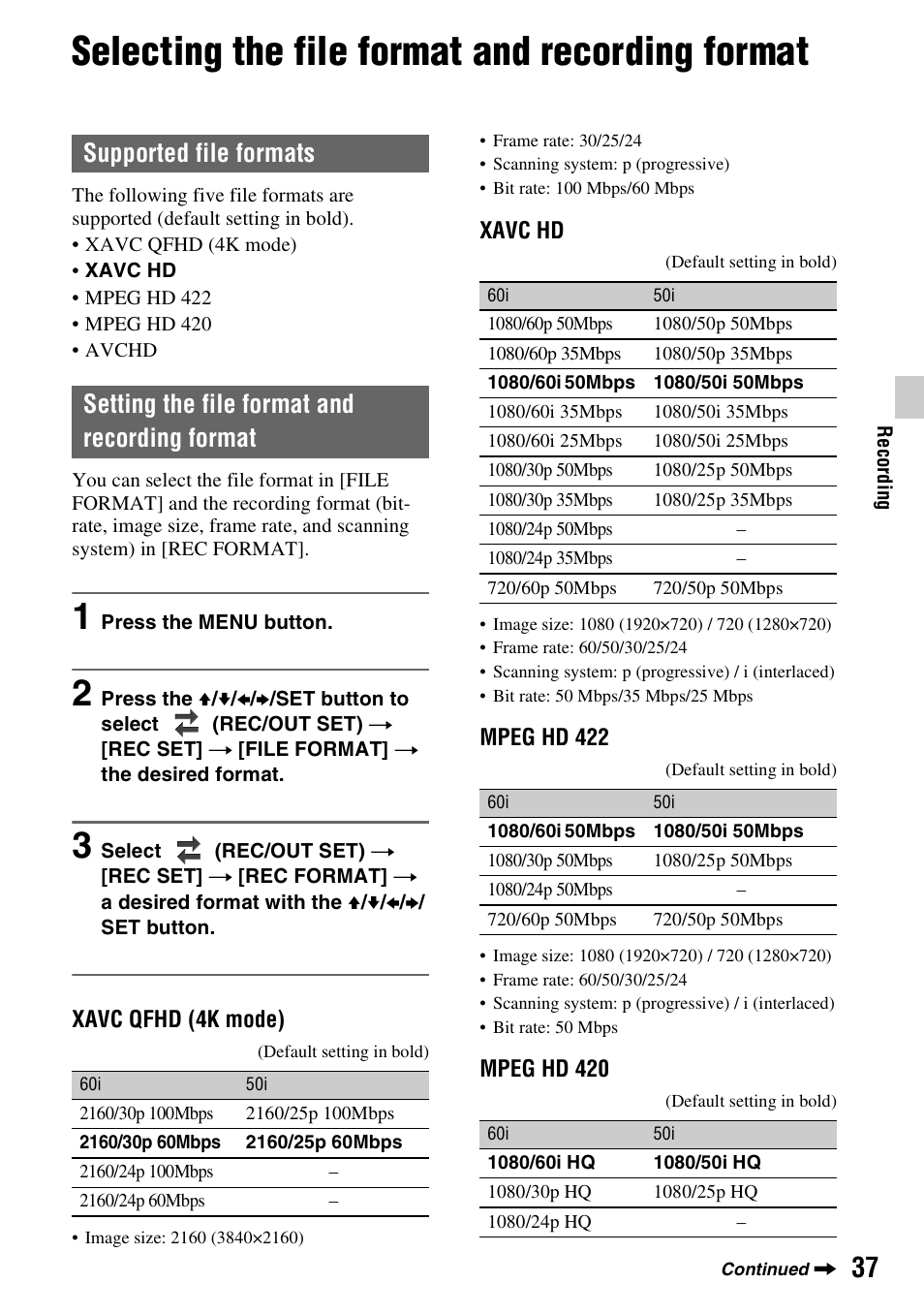 Selecting the file format and recording format, Supported file formats, Setting the file format and recording format | P. 37) | Sony BRAVIA FW-98BZ50L 98" UHD 4K HDR Commercial Monitor User Manual | Page 37 / 152