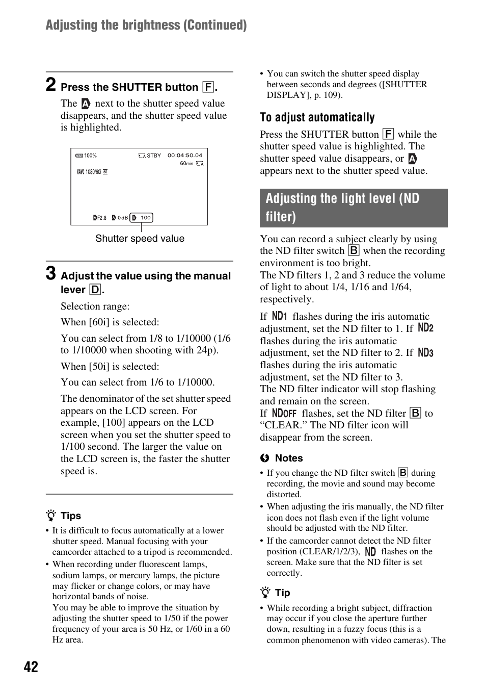 Adjusting the light level (nd filter), P. 42) | Sony BRAVIA FW-98BZ50L 98" UHD 4K HDR Commercial Monitor User Manual | Page 42 / 152