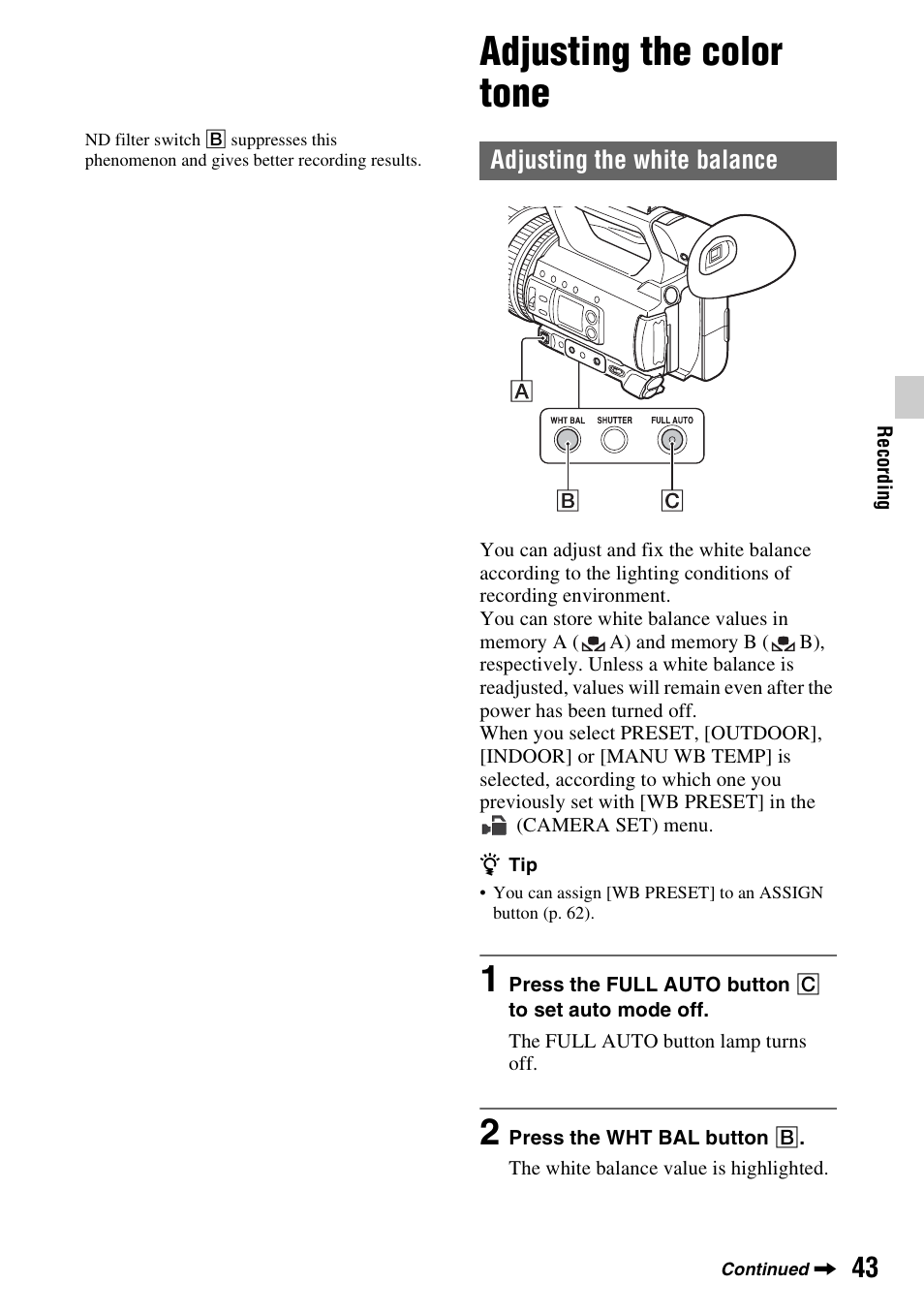 Adjusting the color tone, Adjusting the white balance, On (p. 43) | P. 43) | Sony BRAVIA FW-98BZ50L 98" UHD 4K HDR Commercial Monitor User Manual | Page 43 / 152