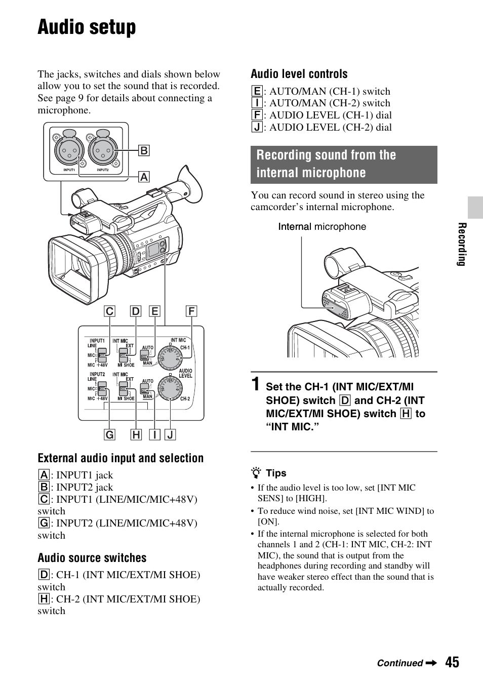 Audio setup, Recording sound from the internal microphone, P. 45) | Sony BRAVIA FW-98BZ50L 98" UHD 4K HDR Commercial Monitor User Manual | Page 45 / 152