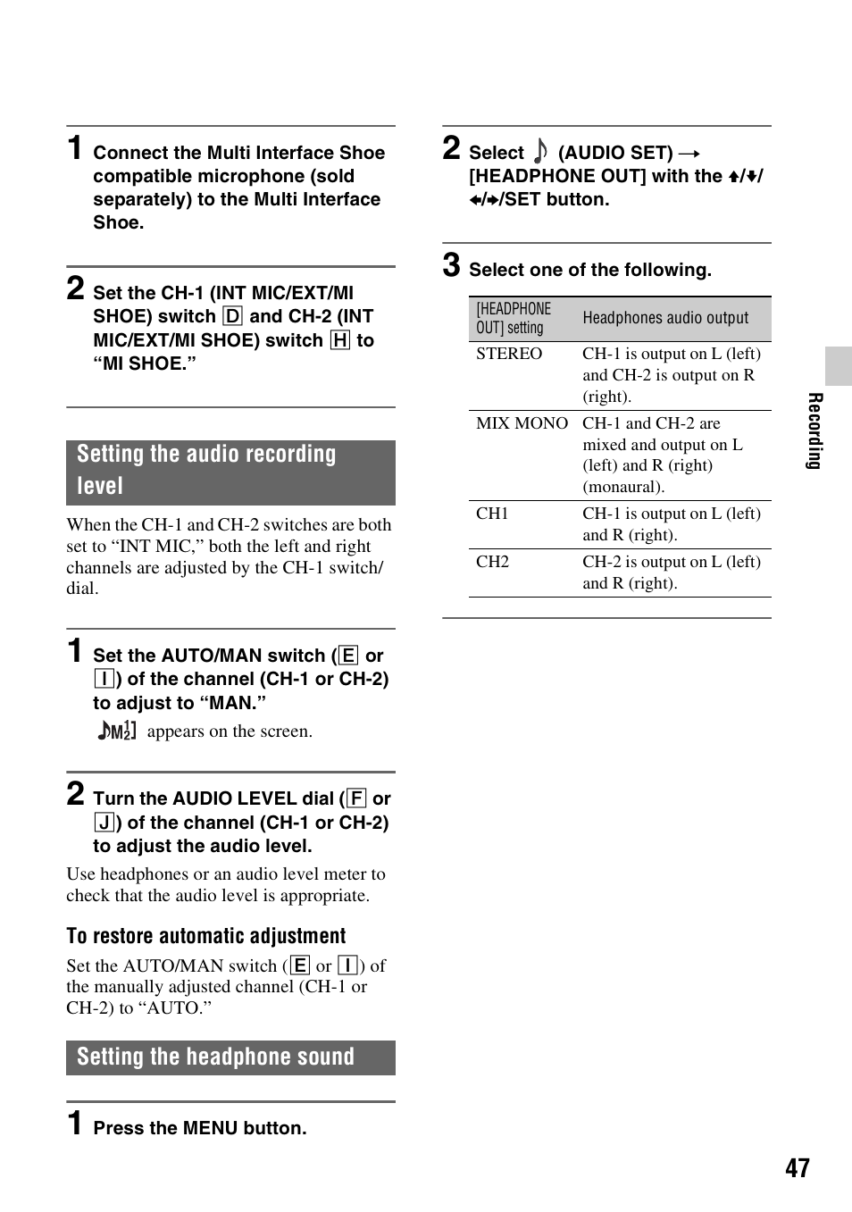 Setting the audio recording level, Setting the headphone sound, P. 47) | Sony BRAVIA FW-98BZ50L 98" UHD 4K HDR Commercial Monitor User Manual | Page 47 / 152