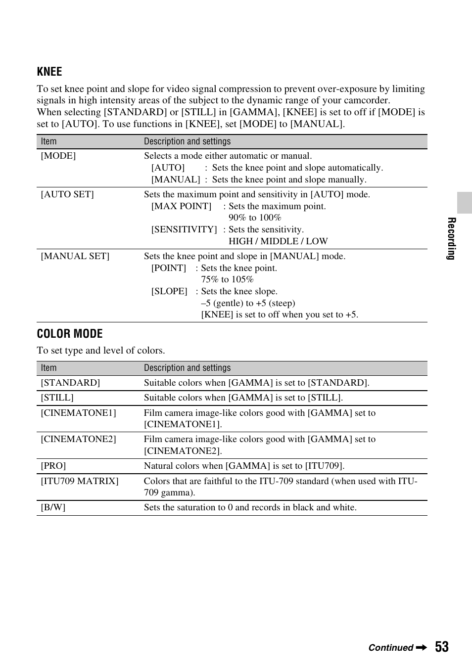 Knee, Color mode | Sony BRAVIA FW-98BZ50L 98" UHD 4K HDR Commercial Monitor User Manual | Page 53 / 152