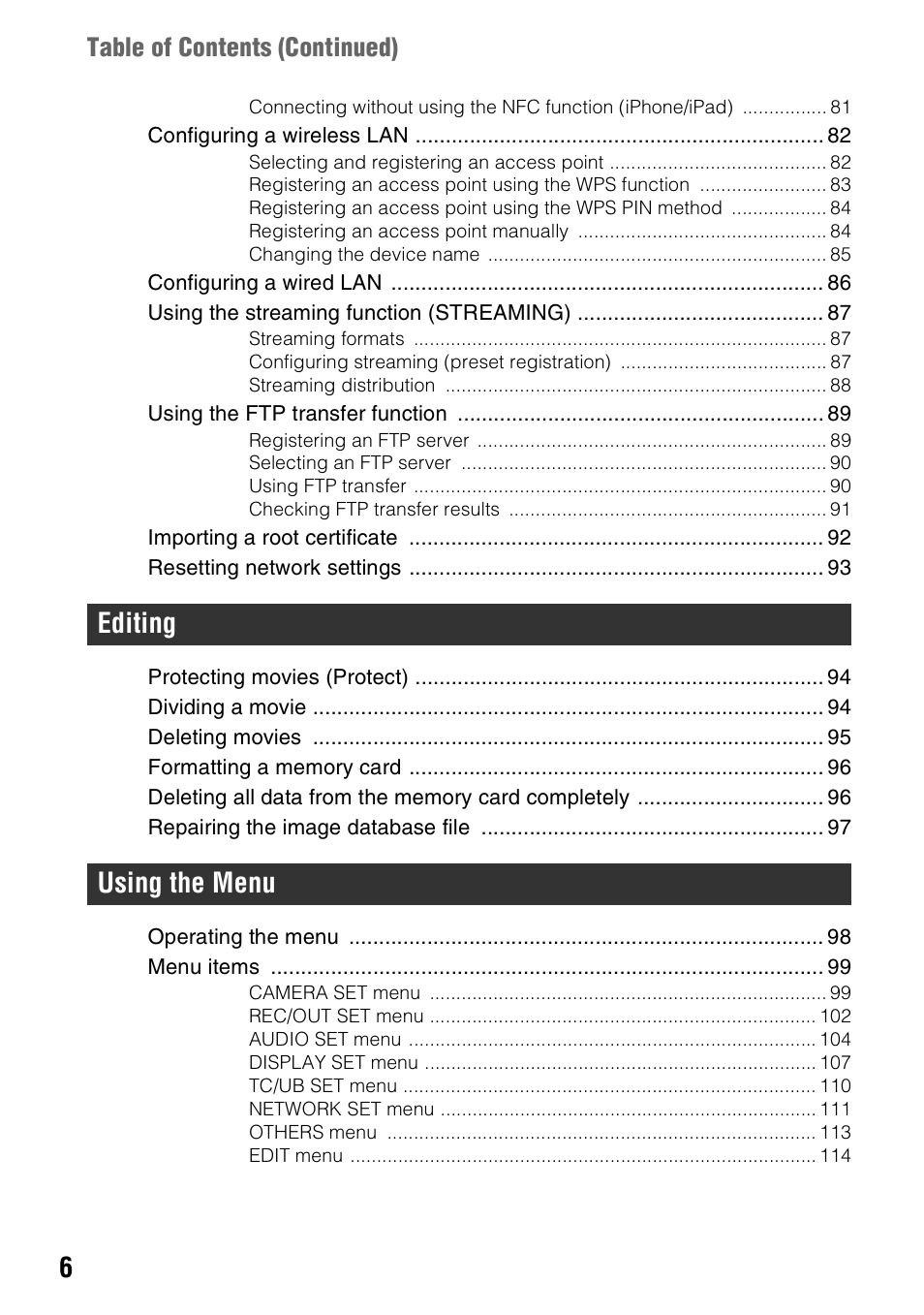 Editing using the menu, Table of contents ( continued) | Sony BRAVIA FW-98BZ50L 98" UHD 4K HDR Commercial Monitor User Manual | Page 6 / 152