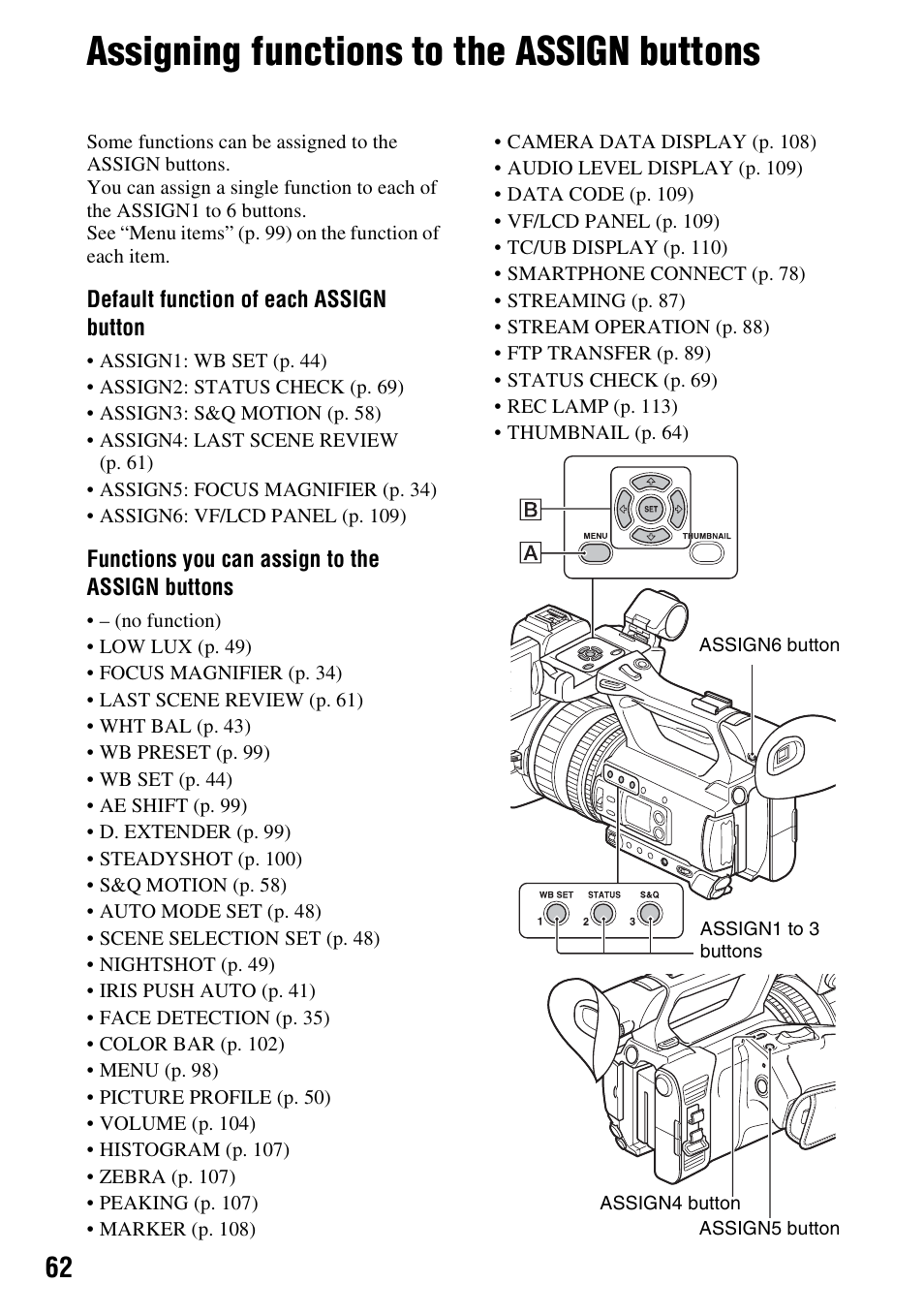 Assigning functions to the assign buttons, N (62, P. 62) | Sony BRAVIA FW-98BZ50L 98" UHD 4K HDR Commercial Monitor User Manual | Page 62 / 152