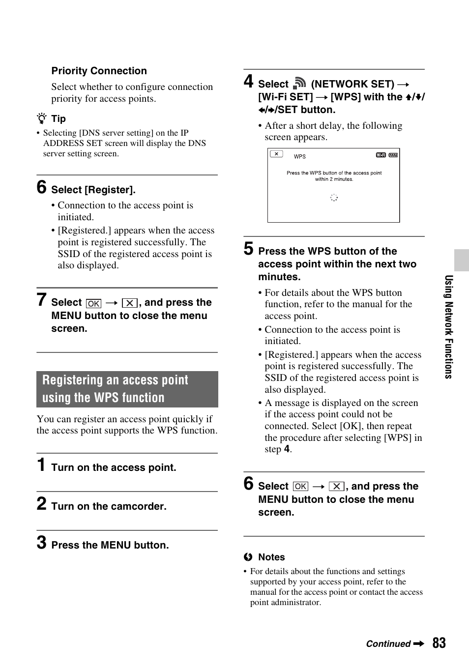 Registering an access point using the wps function | Sony BRAVIA FW-98BZ50L 98" UHD 4K HDR Commercial Monitor User Manual | Page 83 / 152