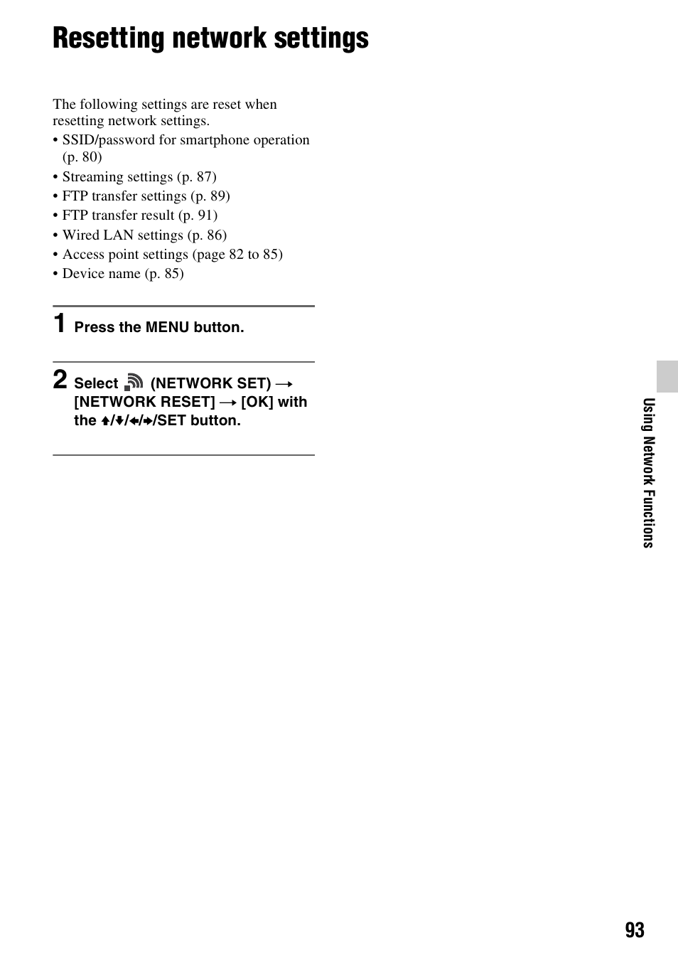 Resetting network settings | Sony BRAVIA FW-98BZ50L 98" UHD 4K HDR Commercial Monitor User Manual | Page 93 / 152