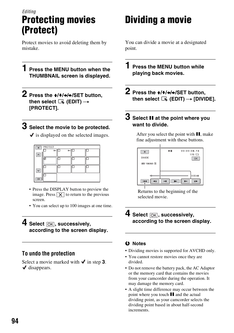 Editing, Protecting movies (protect), Dividing a movie | Sony BRAVIA FW-98BZ50L 98" UHD 4K HDR Commercial Monitor User Manual | Page 94 / 152