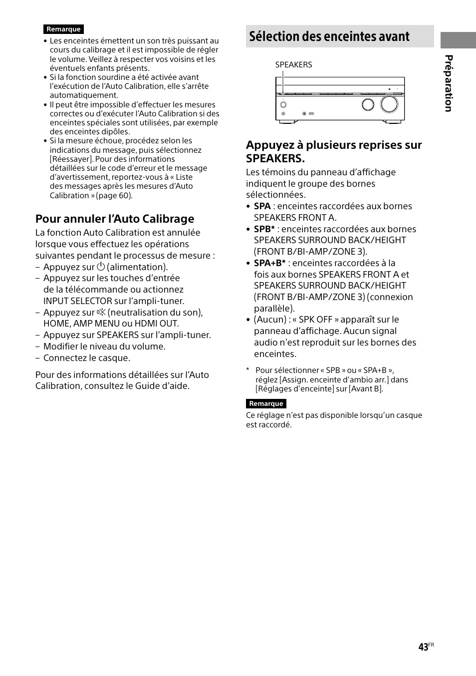 Sélection des enceintes avant, Pour annuler l’auto calibrage, Appuyez à plusieurs reprises sur speakers | Sony BRAVIA BZ40H 85" Class HDR 4K UHD Digital Signage & Conference Room LED Display User Manual | Page 109 / 203