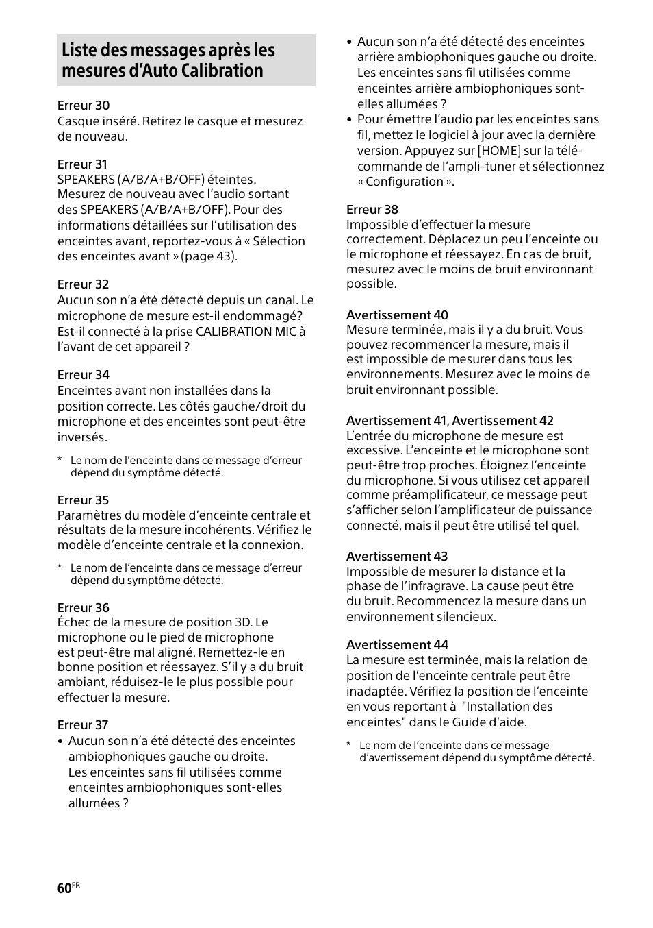 Liste, Des messages après les mesures d’auto, Calibration | Sony BRAVIA BZ40H 85" Class HDR 4K UHD Digital Signage & Conference Room LED Display User Manual | Page 126 / 203