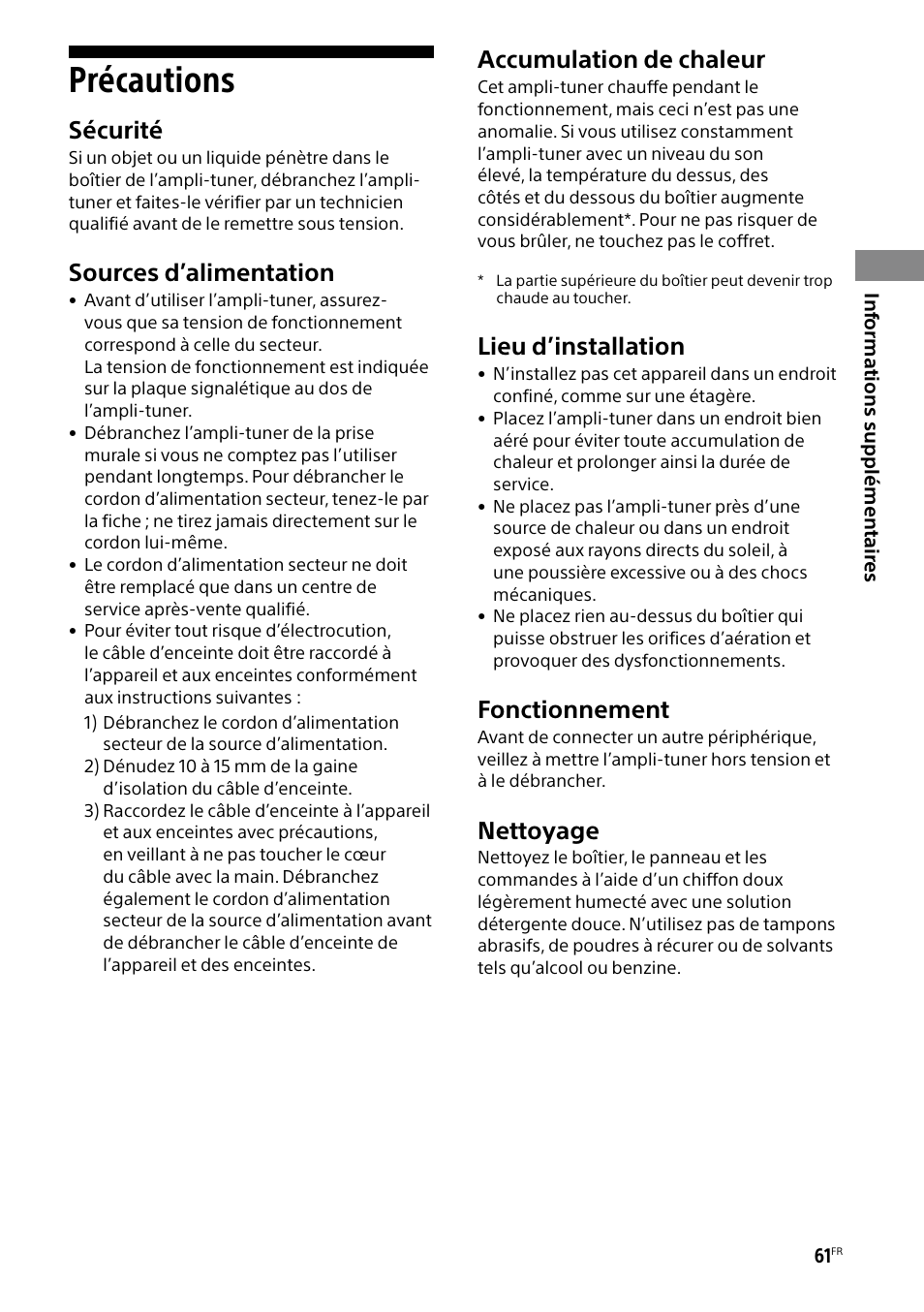 Précautions, Sécurité, Sources d’alimentation | Accumulation de chaleur, Lieu d’installation, Fonctionnement, Nettoyage | Sony BRAVIA BZ40H 85" Class HDR 4K UHD Digital Signage & Conference Room LED Display User Manual | Page 127 / 203