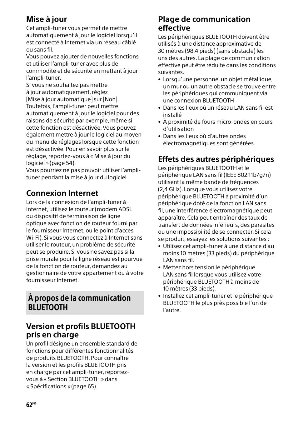 À propos de la communication bluetooth, Mise à jour, Connexion internet | Version et profils bluetooth pris en charge, Plage de communication effective, Effets des autres périphériques | Sony BRAVIA BZ40H 85" Class HDR 4K UHD Digital Signage & Conference Room LED Display User Manual | Page 128 / 203