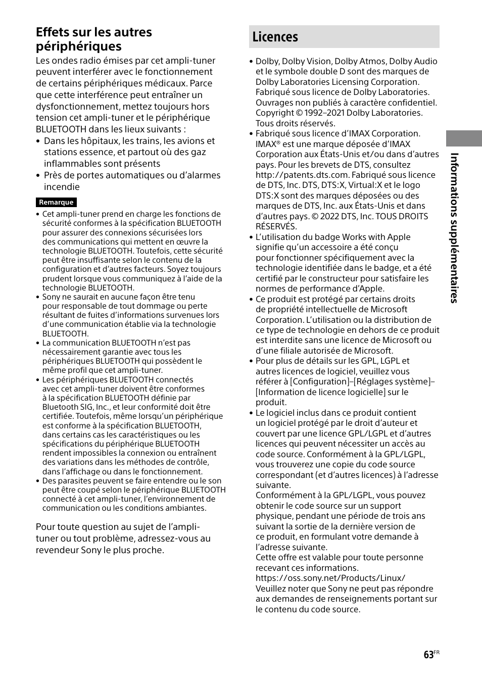 Licences, Effets sur les autres périphériques, Inf orma tions supplément air es | Sony BRAVIA BZ40H 85" Class HDR 4K UHD Digital Signage & Conference Room LED Display User Manual | Page 129 / 203