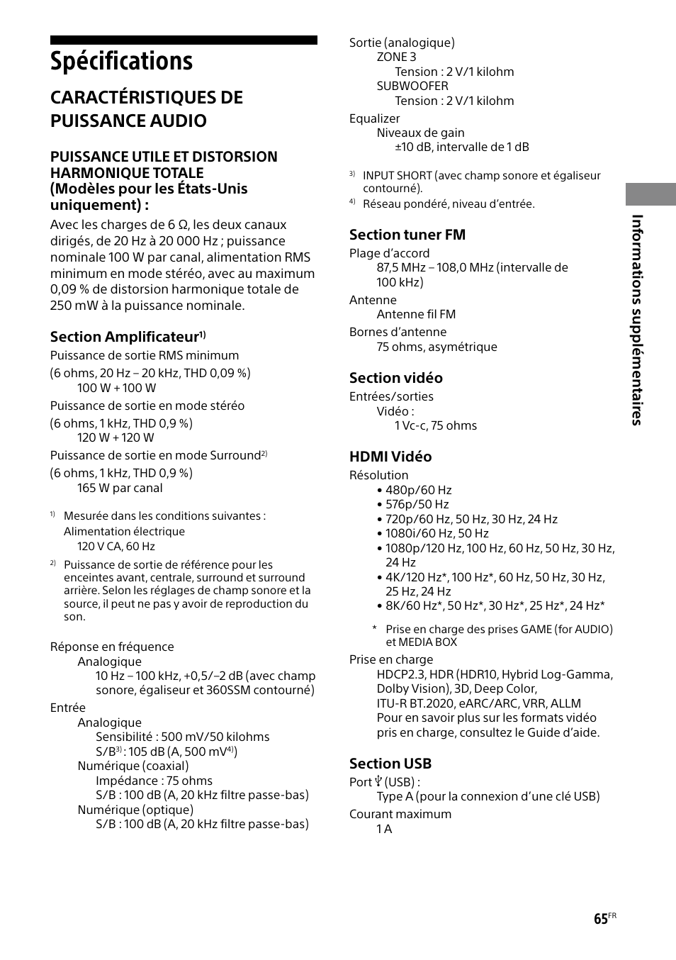 Spécifications, Caractéristiques de puissance audio | Sony BRAVIA BZ40H 85" Class HDR 4K UHD Digital Signage & Conference Room LED Display User Manual | Page 131 / 203