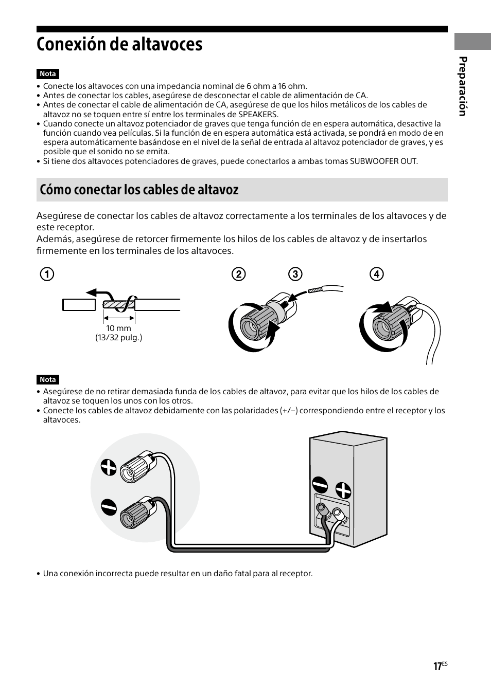 Conexión de altavoces, Cómo conectar los cables de altavoz, Prepar ación | Sony BRAVIA BZ40H 85" Class HDR 4K UHD Digital Signage & Conference Room LED Display User Manual | Page 151 / 203