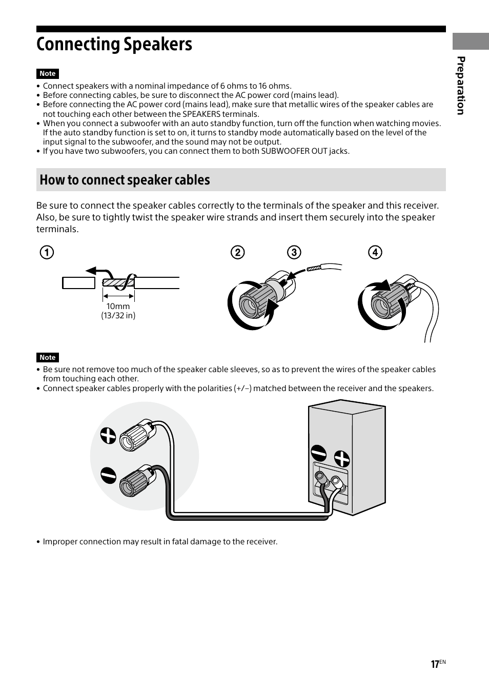 Connecting speakers, How to connect speaker cables, Prepar ation | Sony BRAVIA BZ40H 85" Class HDR 4K UHD Digital Signage & Conference Room LED Display User Manual | Page 17 / 203