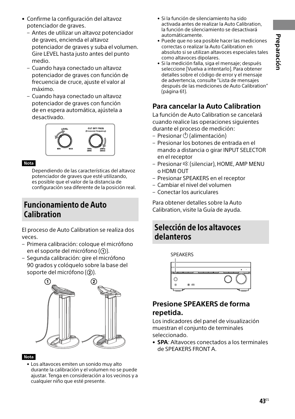 Funcionamiento de auto calibration, Selección de los altavoces delanteros, Para cancelar la auto calibration | Presione speakers de forma repetida | Sony BRAVIA BZ40H 85" Class HDR 4K UHD Digital Signage & Conference Room LED Display User Manual | Page 177 / 203