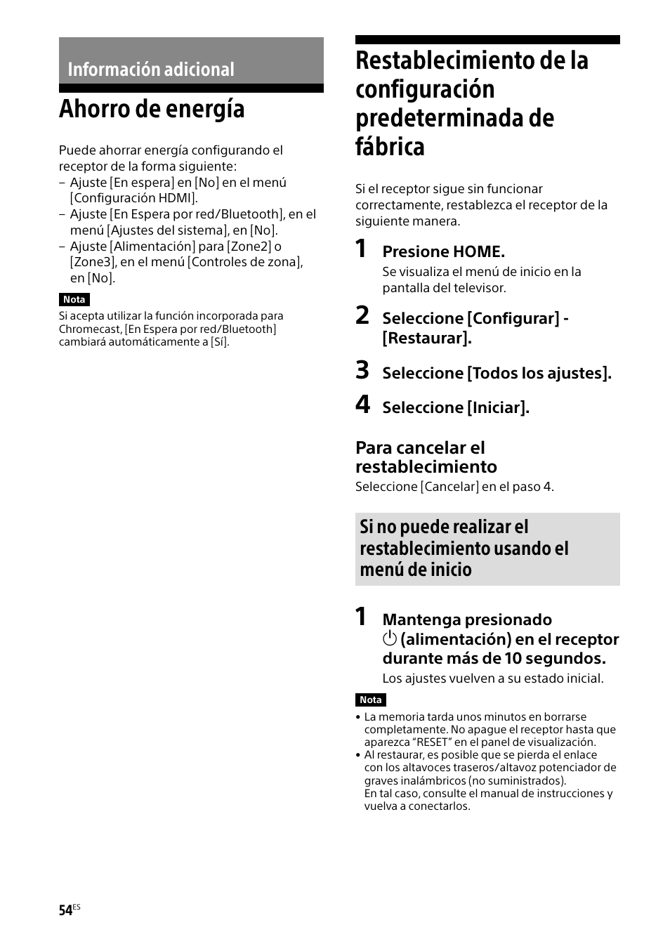 Información adicional, Ahorro de energía, Predeterminada de fábrica | Para cancelar el restablecimiento | Sony BRAVIA BZ40H 85" Class HDR 4K UHD Digital Signage & Conference Room LED Display User Manual | Page 188 / 203