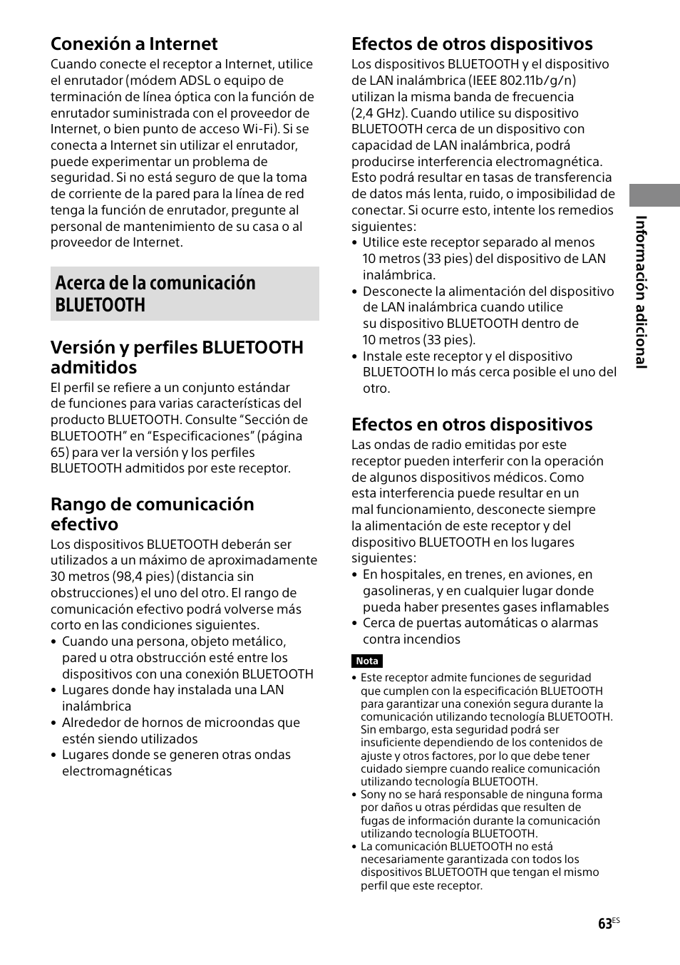Acerca de la comunicación bluetooth, Conexión a internet, Versión y perfiles bluetooth admitidos | Rango de comunicación efectivo, Efectos de otros dispositivos, Efectos en otros dispositivos | Sony BRAVIA BZ40H 85" Class HDR 4K UHD Digital Signage & Conference Room LED Display User Manual | Page 197 / 203