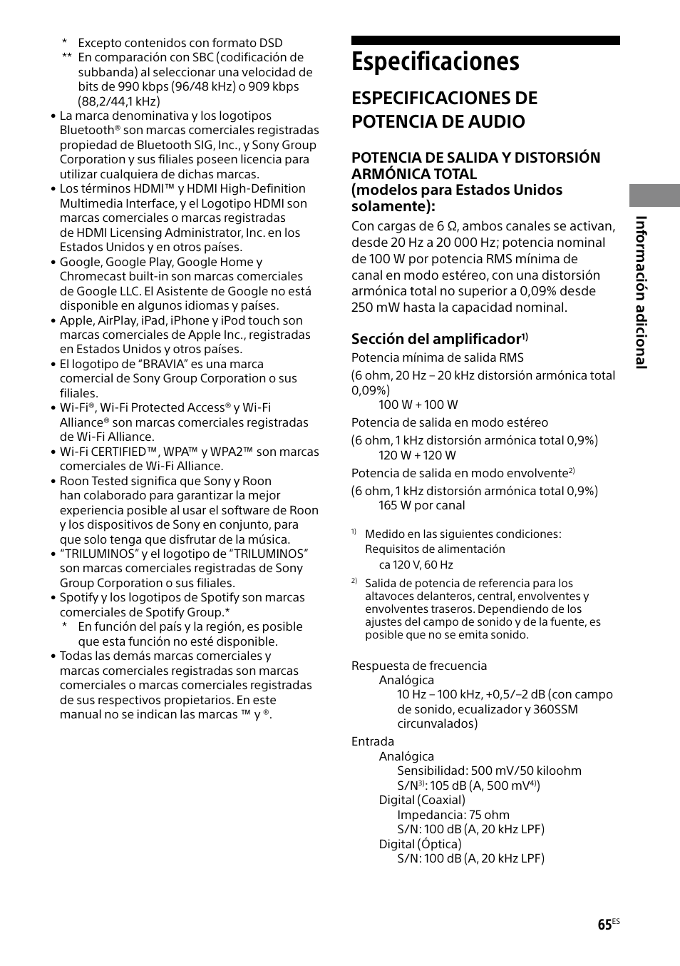 Especificaciones, Especificaciones de potencia de audio | Sony BRAVIA BZ40H 85" Class HDR 4K UHD Digital Signage & Conference Room LED Display User Manual | Page 199 / 203