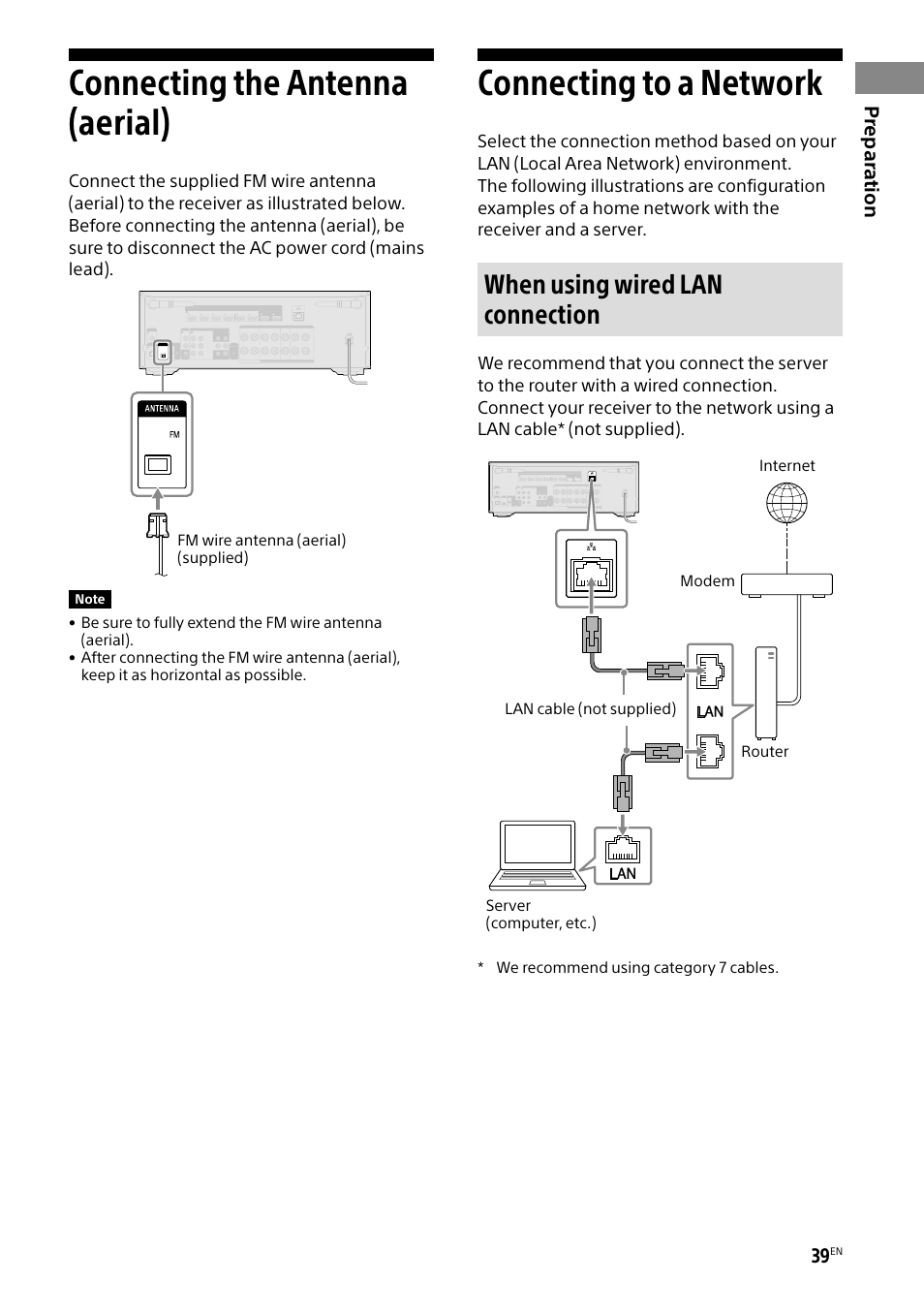 Connecting the antenna (aerial), Connecting to a network, When using wired lan connection | Sony BRAVIA BZ40H 85" Class HDR 4K UHD Digital Signage & Conference Room LED Display User Manual | Page 39 / 203