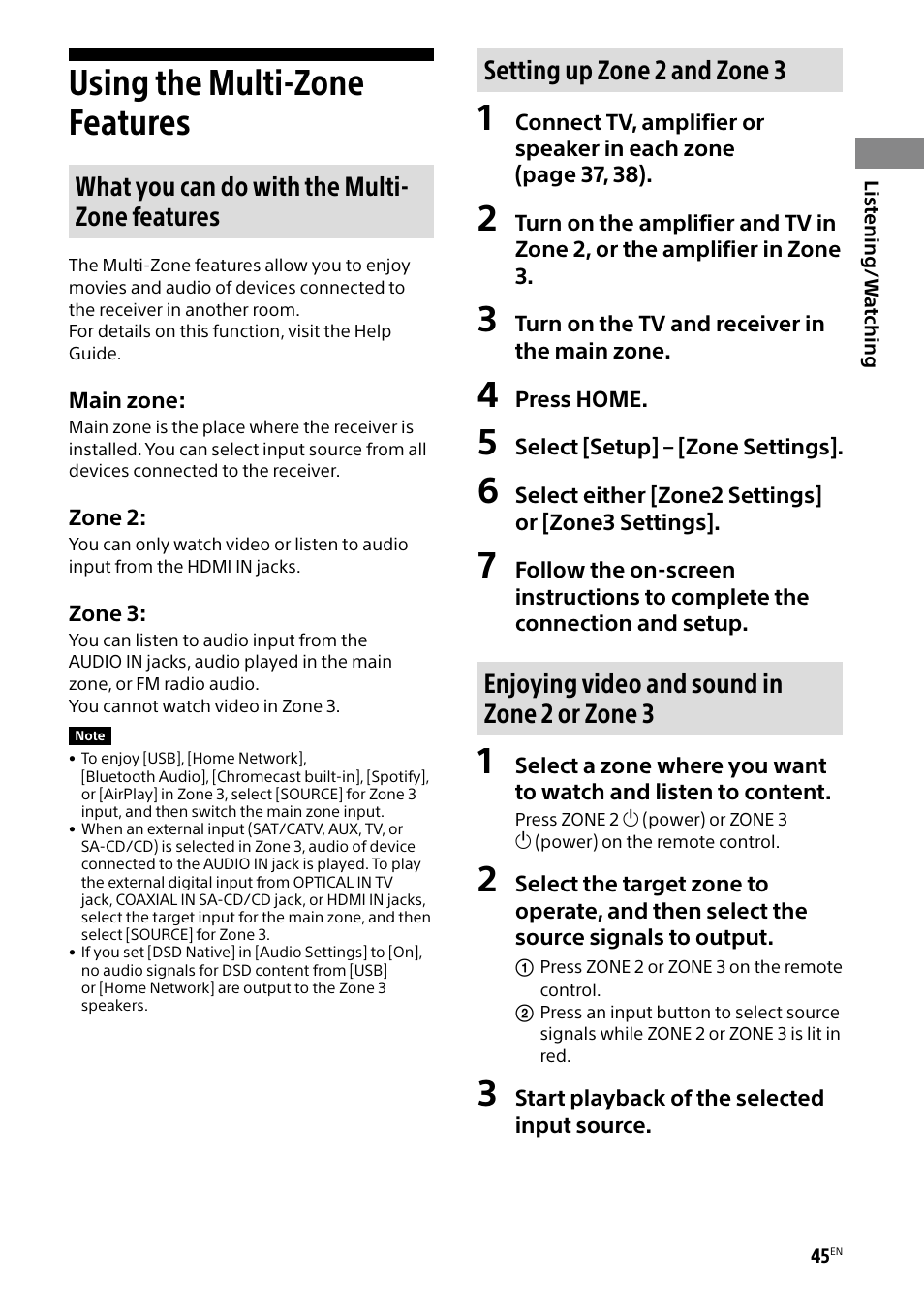 Using the multi-zone features, What you can do with the multi- zone features, Setting up zone 2 and zone 3 | Enjoying video and sound in zone 2 or zone 3 | Sony BRAVIA BZ40H 85" Class HDR 4K UHD Digital Signage & Conference Room LED Display User Manual | Page 45 / 203