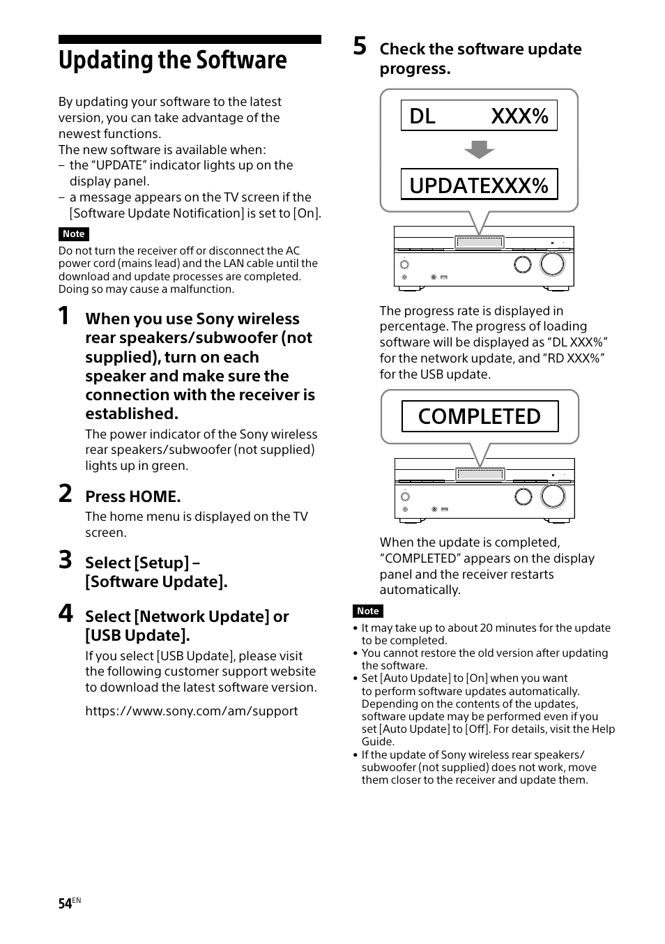 Updating the software, Dl xxx% updatexxx | Sony BRAVIA BZ40H 85" Class HDR 4K UHD Digital Signage & Conference Room LED Display User Manual | Page 54 / 203