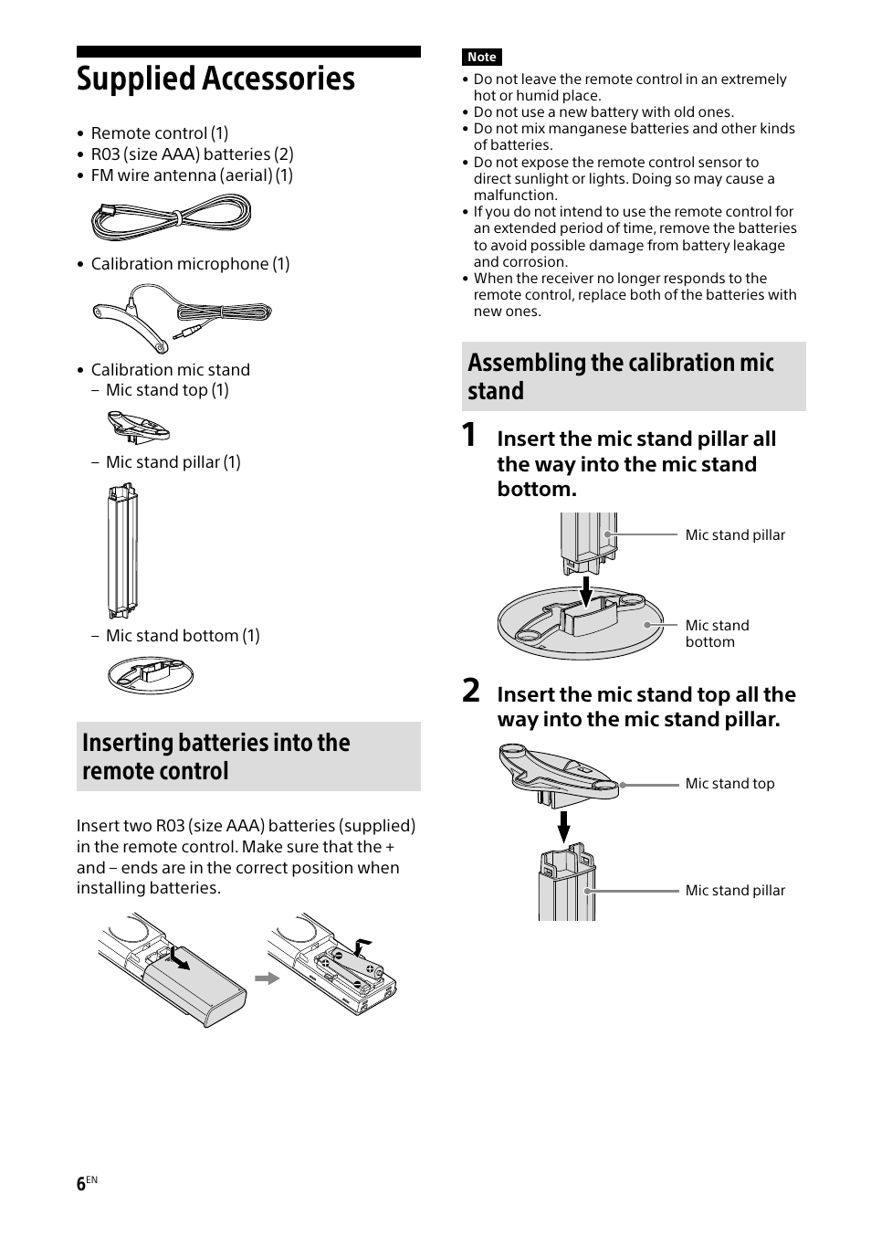 Supplied accessories, Inserting batteries into the remote control, Assembling the calibration mic stand | Sony BRAVIA BZ40H 85" Class HDR 4K UHD Digital Signage & Conference Room LED Display User Manual | Page 6 / 203