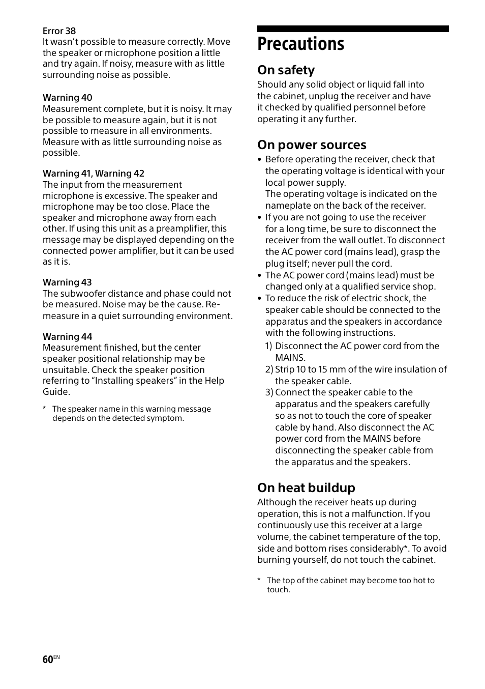Precautions, On safety, On power sources | On heat buildup | Sony BRAVIA BZ40H 85" Class HDR 4K UHD Digital Signage & Conference Room LED Display User Manual | Page 60 / 203