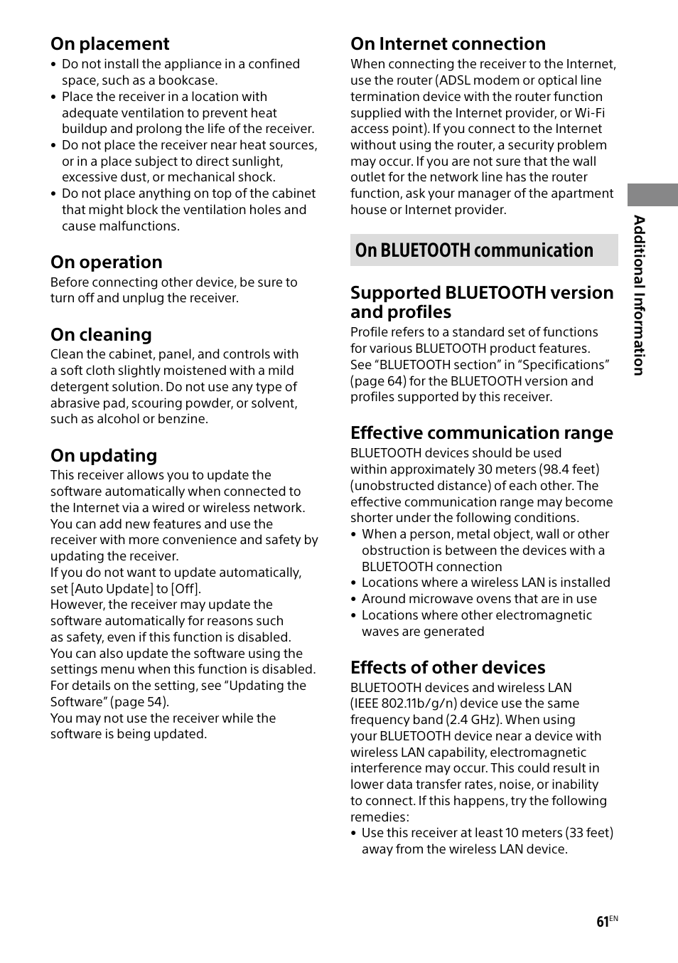 On bluetooth communication, On placement, On operation | On cleaning, On updating, On internet connection, Supported bluetooth version and profiles, Effective communication range, Effects of other devices | Sony BRAVIA BZ40H 85" Class HDR 4K UHD Digital Signage & Conference Room LED Display User Manual | Page 61 / 203