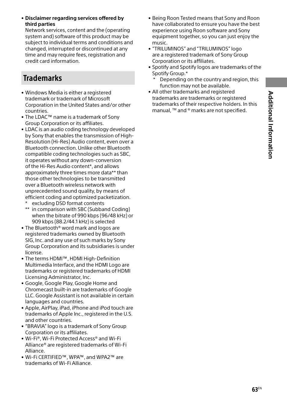 Trademarks | Sony BRAVIA BZ40H 85" Class HDR 4K UHD Digital Signage & Conference Room LED Display User Manual | Page 63 / 203