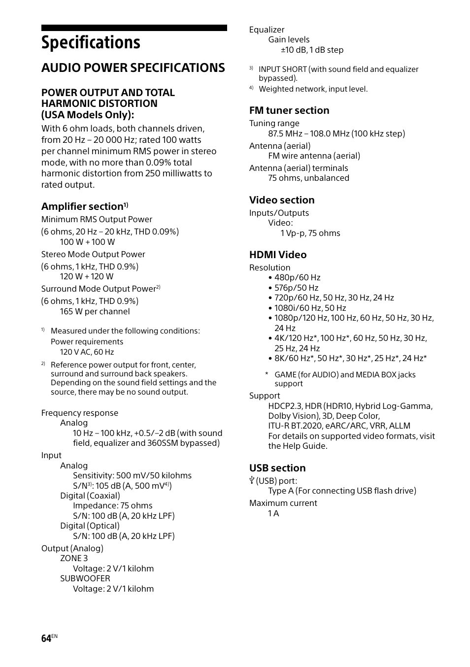 Specifications, Audio power specifications | Sony BRAVIA BZ40H 85" Class HDR 4K UHD Digital Signage & Conference Room LED Display User Manual | Page 64 / 203