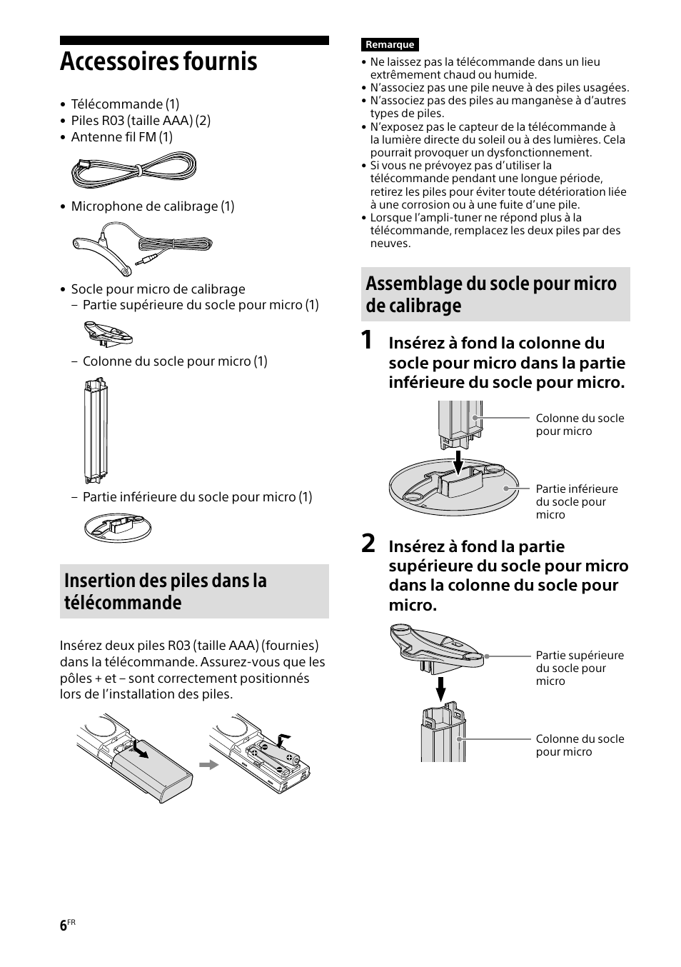 Accessoires fournis, Insertion des piles dans la télécommande, Assemblage du socle pour micro de calibrage | Sony BRAVIA BZ40H 85" Class HDR 4K UHD Digital Signage & Conference Room LED Display User Manual | Page 72 / 203