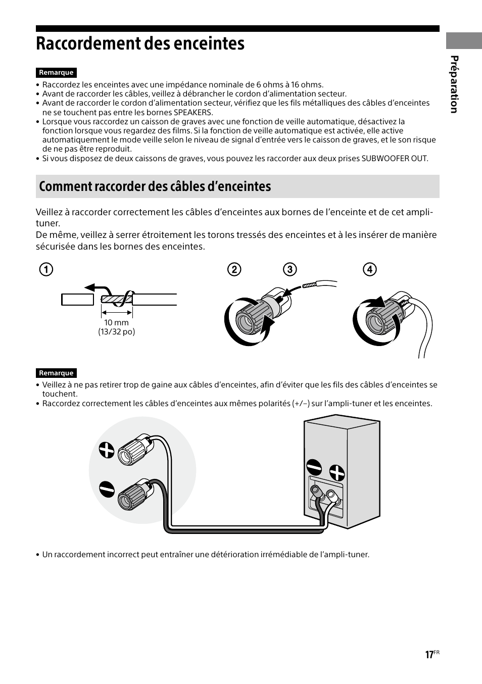 Raccordement des enceintes, Comment raccorder des câbles d’enceintes, Prépar ation | Sony BRAVIA BZ40H 85" Class HDR 4K UHD Digital Signage & Conference Room LED Display User Manual | Page 83 / 203