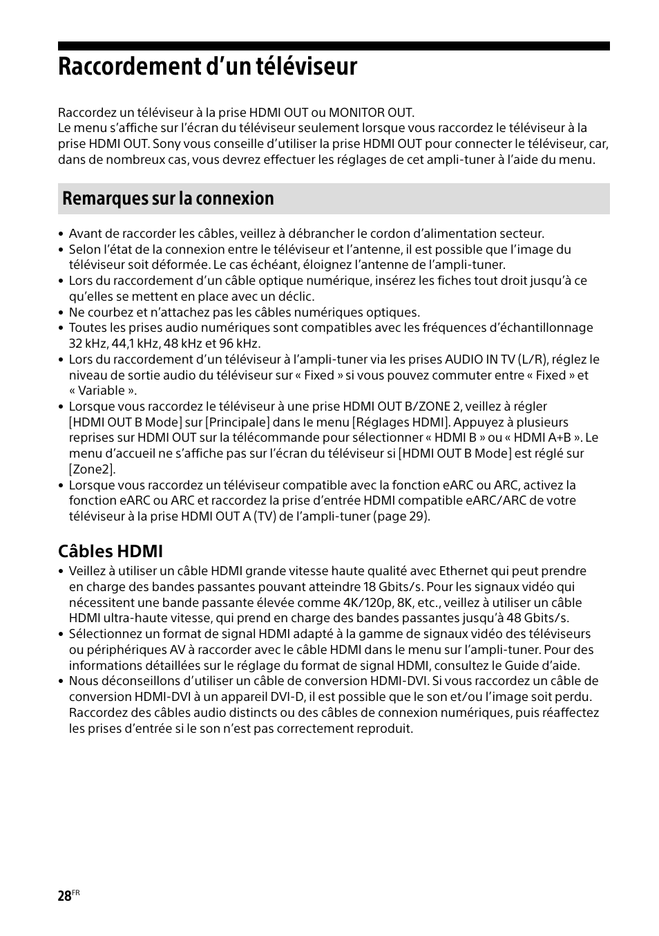 Raccordement d’un téléviseur, Remarques sur la connexion, Câbles hdmi | Sony BRAVIA BZ40H 85" Class HDR 4K UHD Digital Signage & Conference Room LED Display User Manual | Page 94 / 203