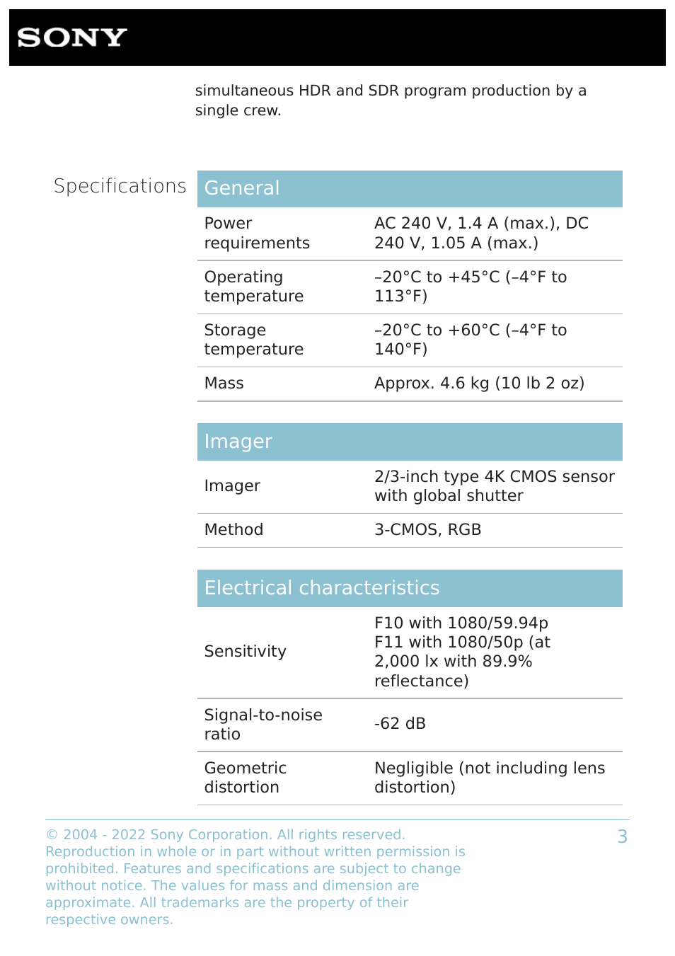 Specifications general, Imager, Electrical characteristics | Sony BRAVIA FW-43BZ35J 43" UHD 4K HDR Commercial Monitor User Manual | Page 3 / 7