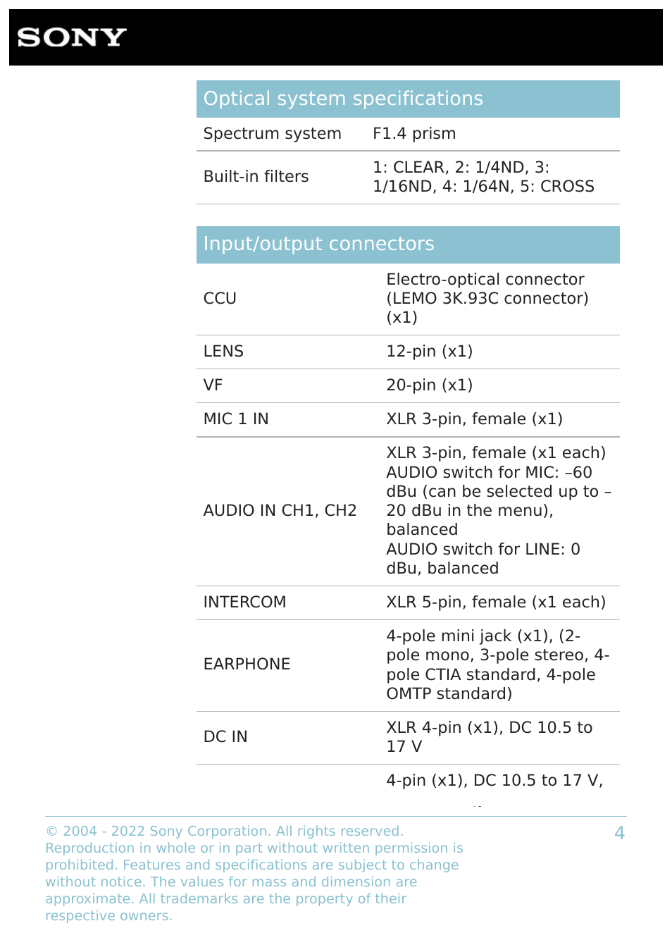 Optical system specifications, Input/output connectors | Sony BRAVIA FW-43BZ35J 43" UHD 4K HDR Commercial Monitor User Manual | Page 4 / 7