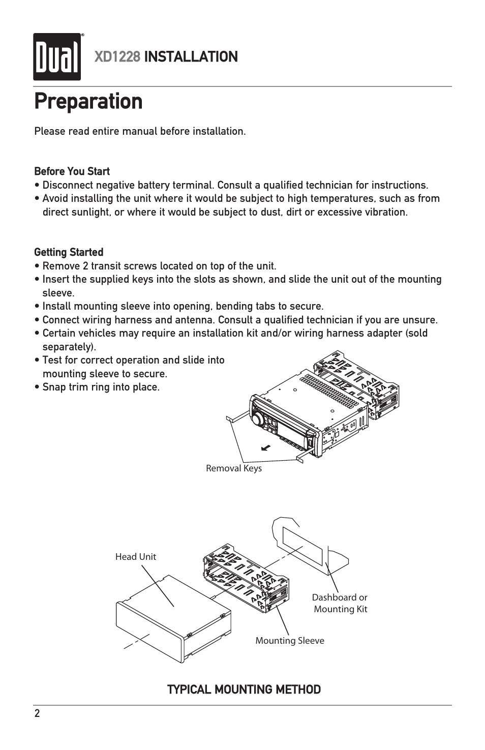 Preparation, Xd1228 installation | Dual XD1228 User Manual | Page 2 / 12