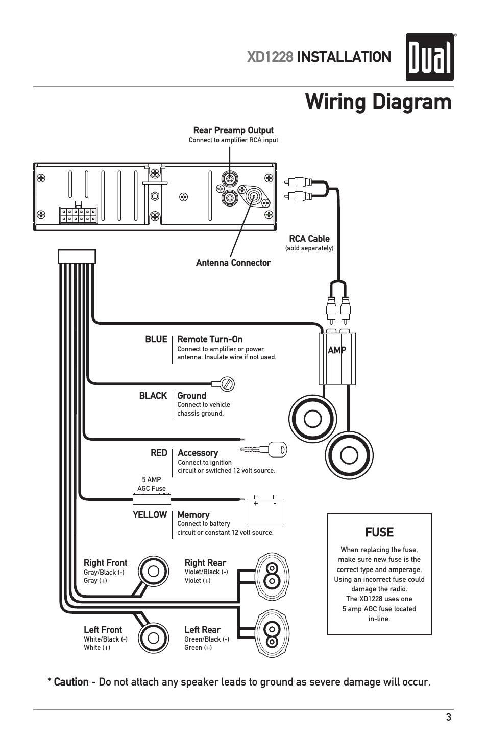 Wiring diagram, Xd1228 installation, Fuse | Dual XD1228 User Manual | Page 3 / 12