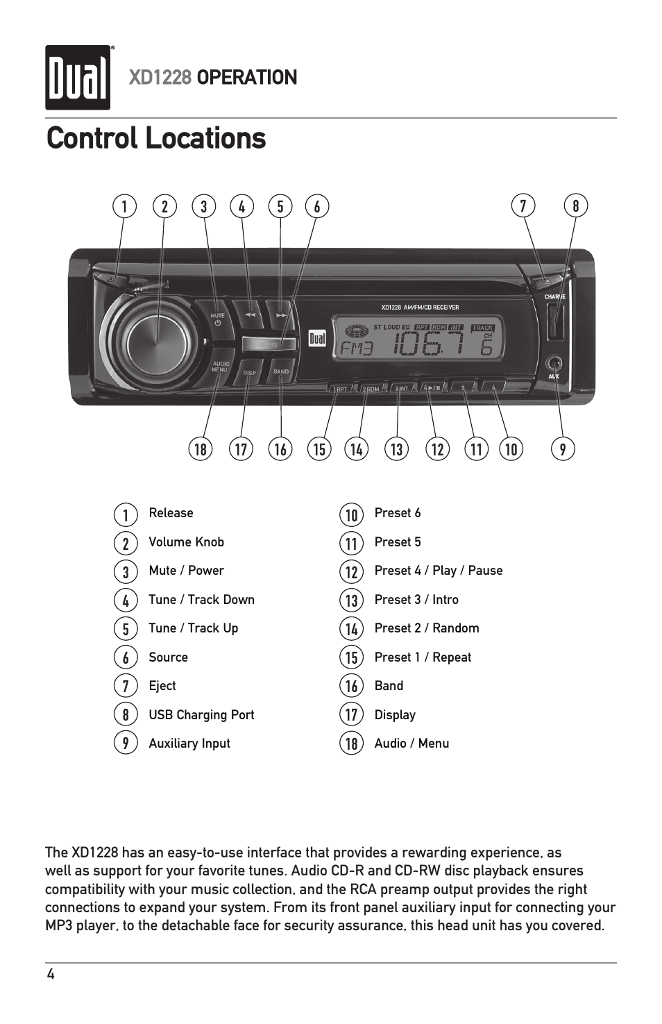 Control locations, Xd1228 operation | Dual XD1228 User Manual | Page 4 / 12