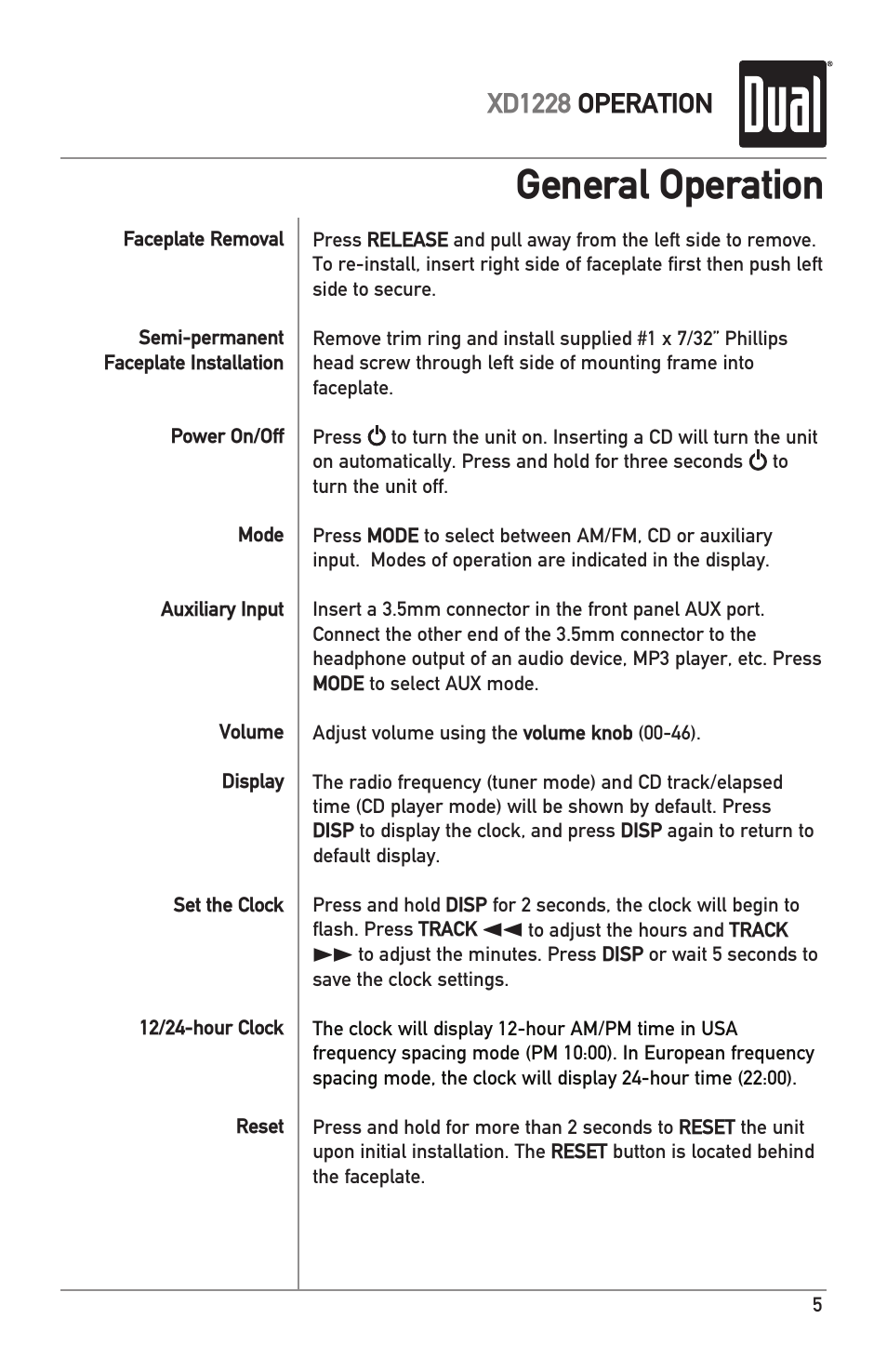 General operation, Xd1228 operation | Dual XD1228 User Manual | Page 5 / 12