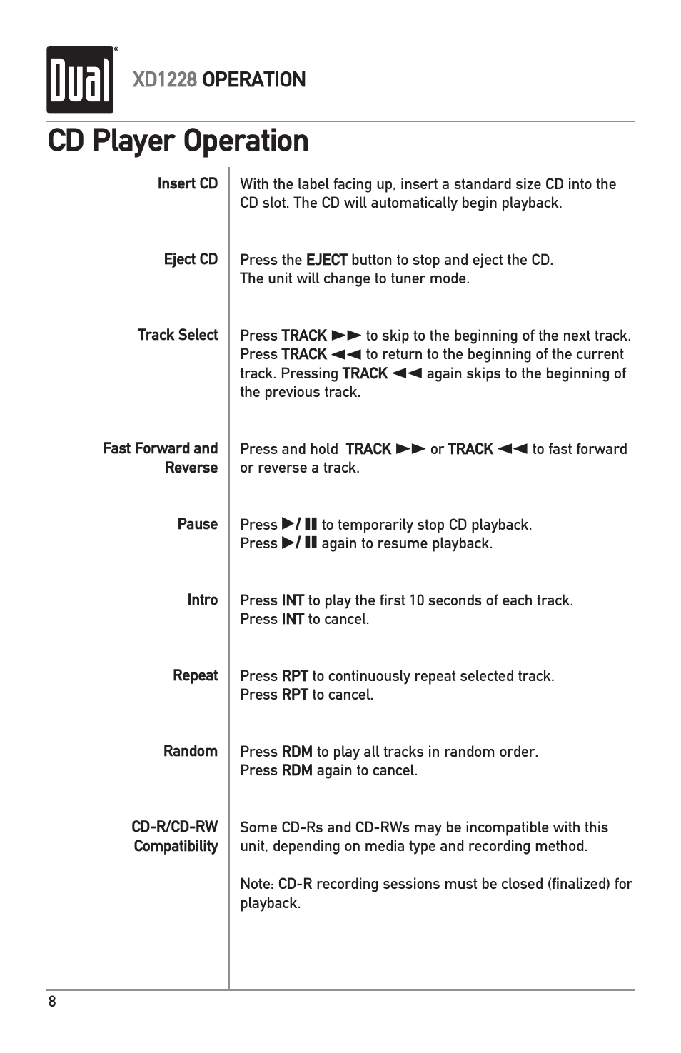 Cd player operation | Dual XD1228 User Manual | Page 8 / 12