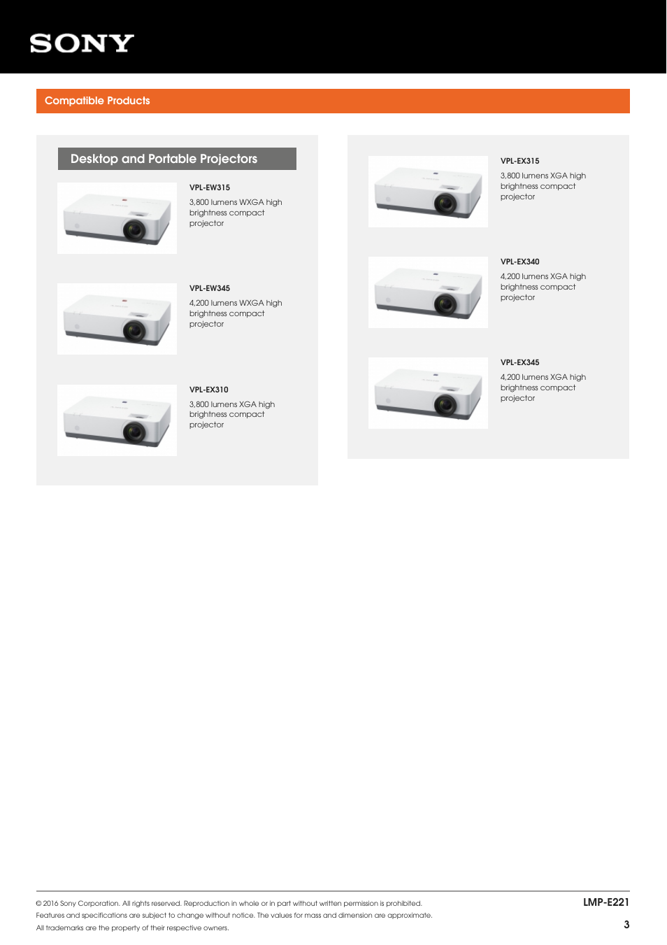 Compatible products, Desktop and portable projectors, Vpl-ex315 | Vpl-ew315, Vpl-ex340, Vpl-ew345, Vpl-ex345, Vpl-ex310 | Sony BRAVIA BZ30J 43" Class HDR 4K UHD Commercial IPS LED Display User Manual | Page 3 / 3