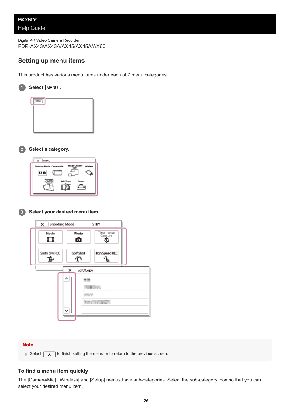 Setting up menu items | Sony BRAVIA BZ40J 100" Class 4K UHD HDR Commercial Monitor User Manual | Page 126 / 353