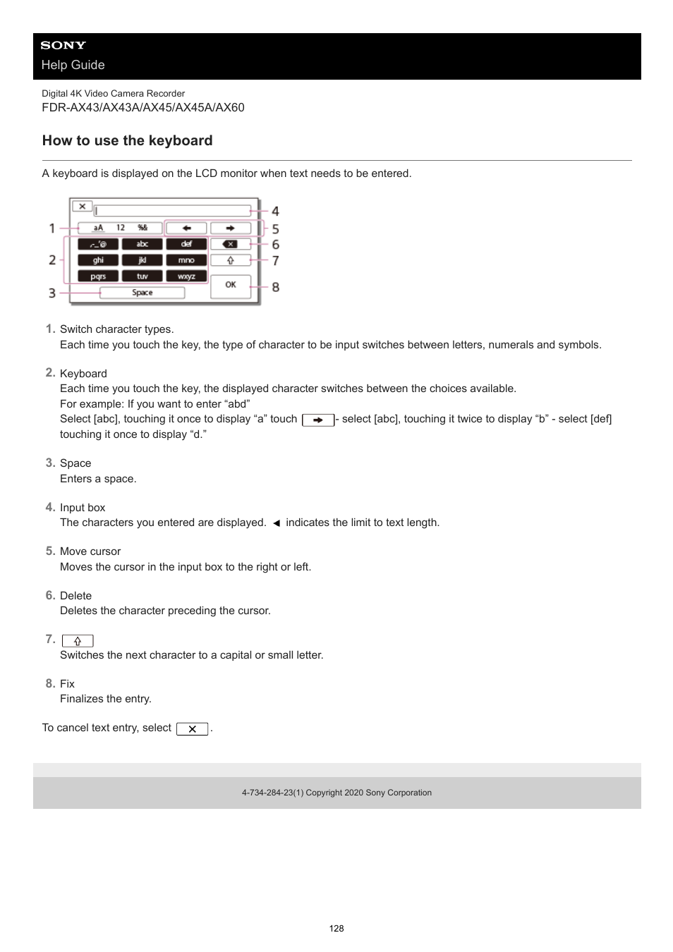 How to use the keyboard | Sony BRAVIA BZ40J 100" Class 4K UHD HDR Commercial Monitor User Manual | Page 128 / 353