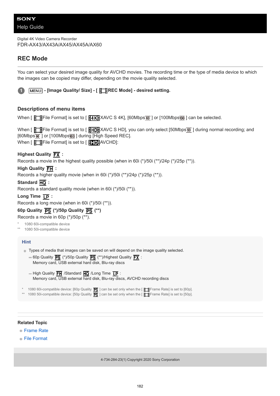 Rec mode, Help guide | Sony BRAVIA BZ40J 100" Class 4K UHD HDR Commercial Monitor User Manual | Page 182 / 353