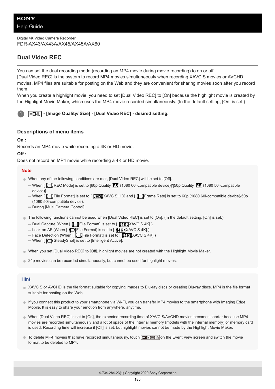 Dual video rec, Is set). for details on the setting, see, Help guide | Sony BRAVIA BZ40J 100" Class 4K UHD HDR Commercial Monitor User Manual | Page 185 / 353