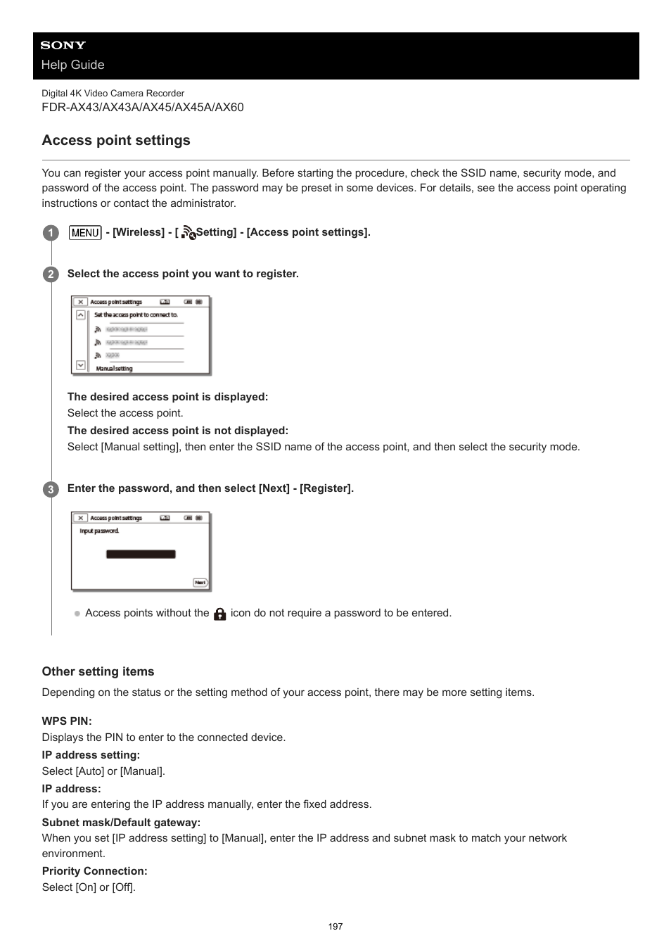 Access point settings | Sony BRAVIA BZ40J 100" Class 4K UHD HDR Commercial Monitor User Manual | Page 197 / 353