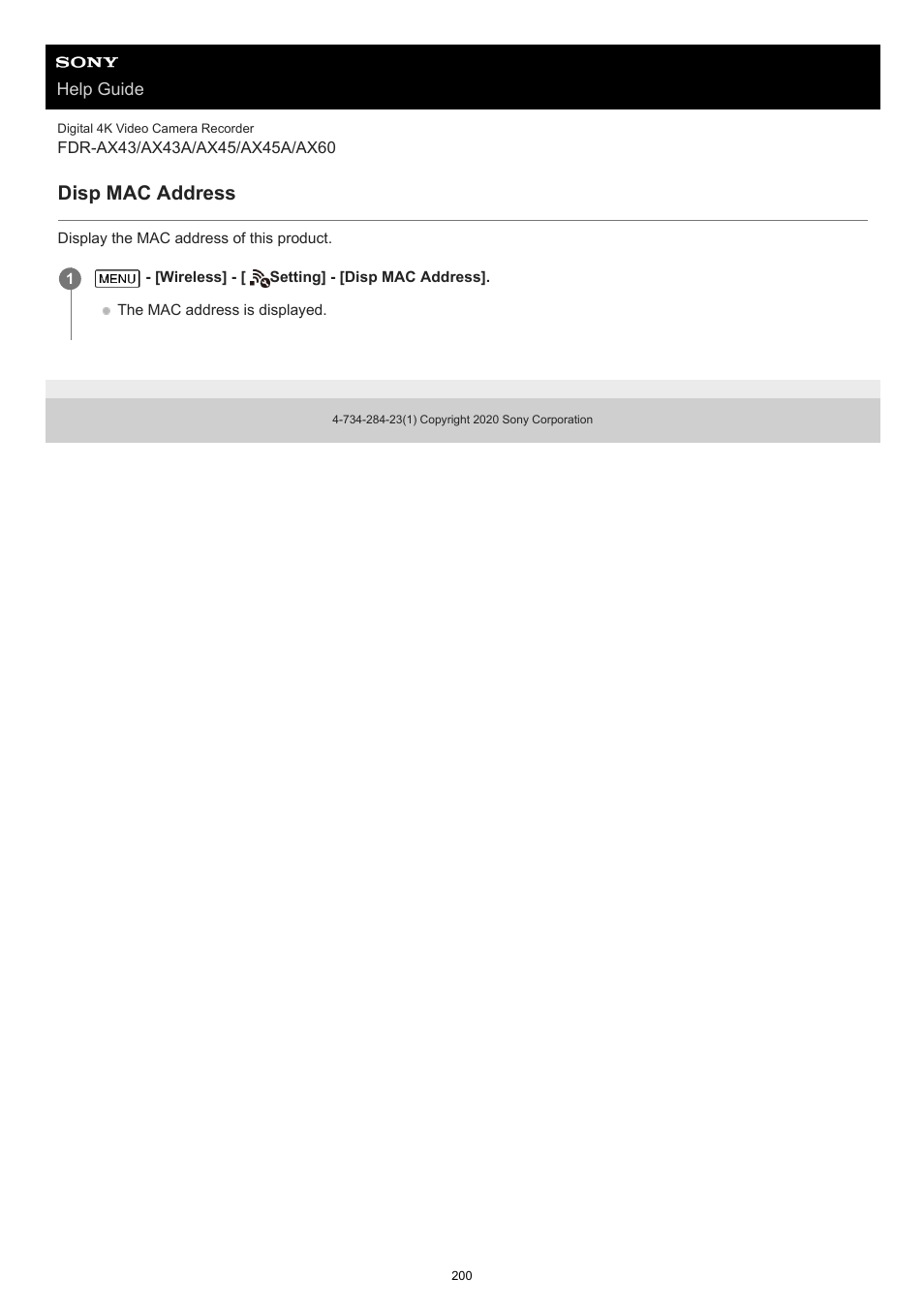 Disp mac address | Sony BRAVIA BZ40J 100" Class 4K UHD HDR Commercial Monitor User Manual | Page 200 / 353