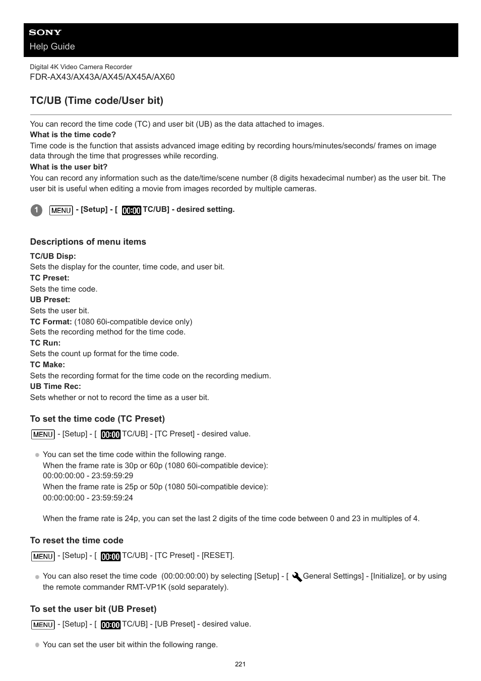 Tc/ub (time code/user bit) | Sony BRAVIA BZ40J 100" Class 4K UHD HDR Commercial Monitor User Manual | Page 221 / 353