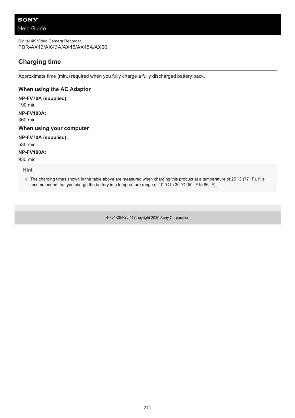Charging time | Sony BRAVIA BZ40J 100" Class 4K UHD HDR Commercial Monitor User Manual | Page 244 / 353